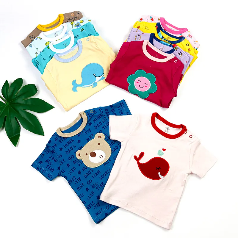 Оптовая продажа, дешевая одежда для младенцев, Детская Хлопковая футболка с коротким рукавом для новорожденных мальчиков и девочек, 5 шт.