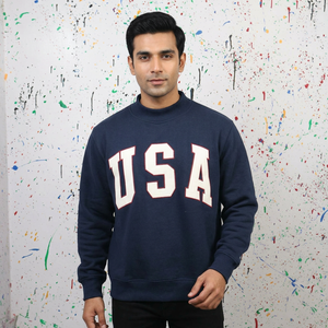 USA BLUE Half-<b>Zip</b> <b>Hooded</b> Sweatshirt WHITE Applique Embroidery 100% Cotton Winter Digital Printing Oversized Fit Velour Color - Product Image 1