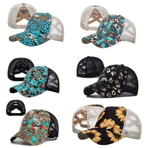 Casquette de baseball réglable à 6 panneaux Yiwulvdi BQM-794 avec queue de cheval, imprimé tournesol, maille respirante, logo avant, style papa sportif – Vente en gros - Product Image 1
