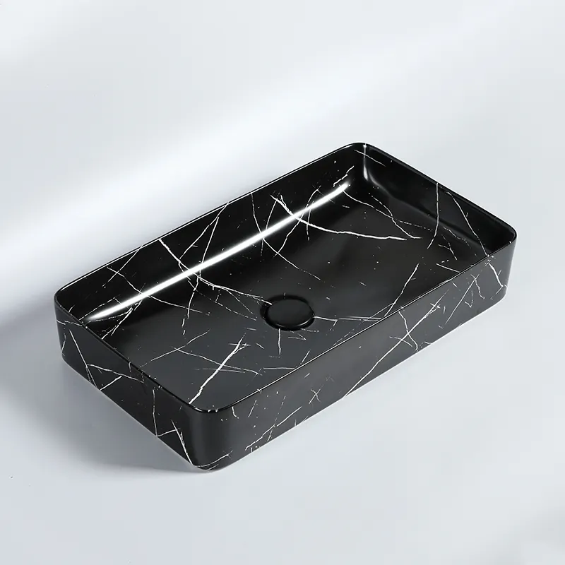 Lavabo rectangular de cerámica para baño, lavabo moderno sobre encimera, color mármol y piedra negra