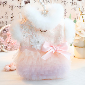 <b>Pet</b> Princess Lace Dress With Fur <b>Collar</b> And Bow For Small Dogs Winter Autumn Cotton Padded Clothes Green And Pink - Product Image 2