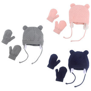 Vente flash : Bonnets pour enfants, 2 pièces, mignons bonnets en laine acrylique à oreilles <span class=keywords><strong>d</strong></span>'ours, ensembles de chapeaux et de gants <span class=keywords><strong>d</strong></span>'<span class=keywords><strong>hiver</strong></span>, mitaines en polaire tricotées chaudes pour bébés - Product Image 4