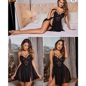 Conjunto de Lencería Sexy para Mujer, Estilo Exótico, Camisón con Abertura Lateral de Encaje y Escote en V + Tanga a Juego, Talla Grande, Pijama Sexy - Product Image 5