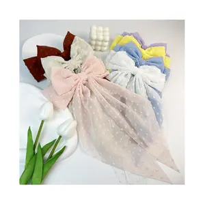 Korean New Style Chiffon Large Bow Hair Clips Candy Color Long Ribbon Bows Spring Hair Clip For Girls