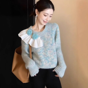 Suéter de punto de poliéster de estilo chino floral verde, grueso, de invierno, de lujo, de alta gama, con cintura pequeña francesa, para mujer - Product Image 3