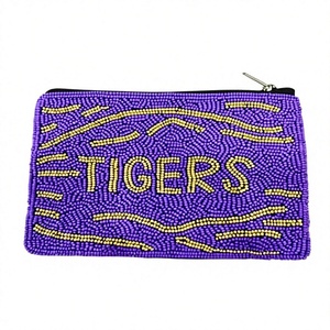 Monedero morado con cuentas y diseño de tigres amarillos, cierre de cremallera, estilo creativo hecho a mano, tamaño mini unisex - Product Image 1