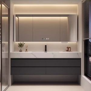 Customized seamless ceramic hot bending integrated basin rock slab intelligent mirror wall hanging <b>oak</b> bathroom cabinet - Product Image 6