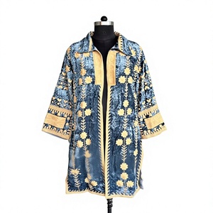 Royal Blue Velvet Embroidered <b>Long</b> Jacket with Floral Design Breathable <b>Summer</b> Autumn <b>Coat</b> - Product Image 2