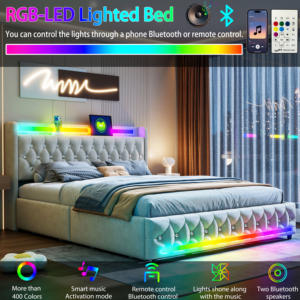 Gestoffeerd <span class=keywords><strong>Bed</strong></span> <span class=keywords><strong>160X200Cm</strong></span> Met Bluetooth Speakers, Meerkleurige Led-Lamp, Usb & Type-C Laadstation, Opbergruimte Met 4 Laden - Product Image 5