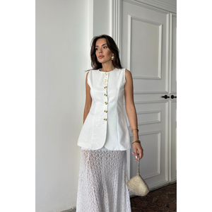 Chaleco de Lino Jacquard con Cintura Ajustada y Botones Dorados - Traje Exterior Blanco con Decoración de Logotipo Vintage, Tejido de Algodón - Product Image 5