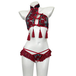 Conjunto de lencería Cheongsam transparente con bordado para mujer, estilo Pure Desire, ropa de dormir sexy con entrepierna abierta - Product Image 4