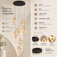 Lustre moderne pour escalier, abat-jour en verre ambré en forme de goutte, 8 lumières LED à filament, 580 mm, pour escalier de villa, atrium d'hôtel, plafond