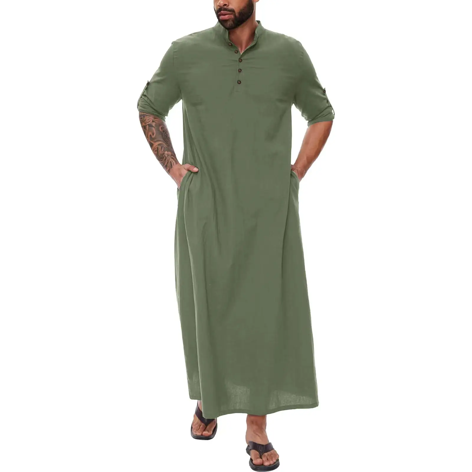 OEM Vêtements islamiques arabes de Dubaï Thobe ethnique à manches longues pour hommes Thobes Thobe musulman de couleur unie