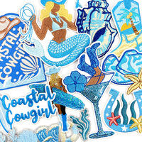 Série d'été : Patchs brodés plats bleus, thème Cowgirl côtière, style Cowboy côtier, en tissu brodé