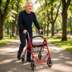 Déambulateur pliable à quatre roues de qualité médicale personnalisé, pliage en une seconde, siège et panier rouge/noir pour personnes âgées et handicapées - Product Image 1