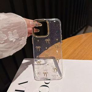 เคสโทรศัพท์ที่เหมาะสำหรับ iPhone 17 Pro Max, เรซิ่นกลิตเตอร์, โบว์ทองเรียบง่ายและรูปหัวใจ, เคสโทรศัพท์กันกระแทกแบบนุ่ม - Product Image 3