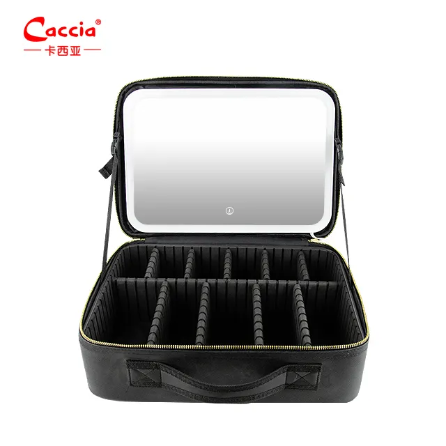 女性のためのLEDミラー多機能調整可能な明るさボックス収納バッグ付きトラベルトレインメイクアップケース