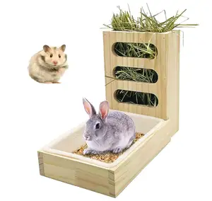 Mangeoire à foin pour lapins avec bac à litière Mangeoire en bois Distributeur de foin pour lapins Petits animaux Support d'herbe pour hamsters Guinée