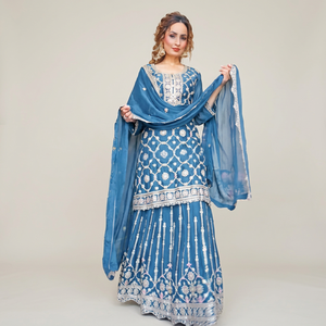 Blue Embroidered Indian Pakistani Traditional <b>Dress</b> With <b>Silver</b> Work Floor-Length Women's <b>Wedding</b> Wear - Product Image 1