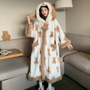 Conjuntos de Pijamas de Franela para Mujer, Pijamas de Invierno con Capucha, Lindos Dibujos Animados, Manga Larga, Holgados, Camisón Grueso - Product Image 4