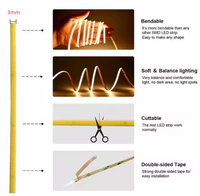 5v 12v 24v Cri 90 400 Diode électroluminescente/mètre 3mm Ultra-fine Doless Flexible Cob Diode électroluminescente Bande Lampe