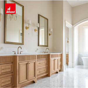 Meuble-lavabo haut élégant pour salle de bain principale, en lin texturé, avec finition en chêne <span class=keywords><strong>blanc</strong></span> chaud, à rainures, avec incrustations perlées et <span class=keywords><strong>double</strong></span> vasque dépassante - Product Image 5