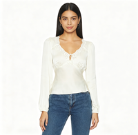 Chemisier personnalisé pour femme en satin blanc à manches longues, col en V romantique avec dentelle, haut à nouer devant, élégant, à manches bouffantes, pour soirée