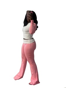 Conjunto de 2 piezas de manga larga con patrón sólido informal para mujer, pantalones ajustados de poliéster de otoño, traje cálido, cintura alta, color a juego - Product Image 2