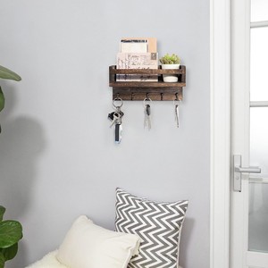 Wooden Mail And Key Organizer <b>Wall</b> <b>Mounted</b> With Floating <b>Shelf</b> Rustic Style Natural Wood Color - Product Image 2
