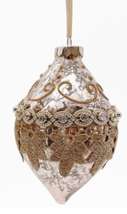 Ornamento Natalizio a Goccia Bianco e Oro Glitterato, Design in Vetro con Mistletoe e Dettagli in Perla per Albero - Product Image 1