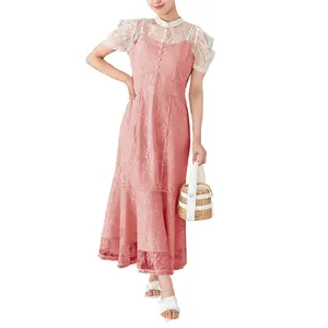 Hot Sale Solid Summer Elegant Casual Puff Sleeve Ruffle Hem Lace Overlay Dress