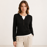 Pull en tricot ajusté pour femme en 100% laine de mouton, style Dark Academia, à effet superposé, avec patte de boutonnage multi-boutons