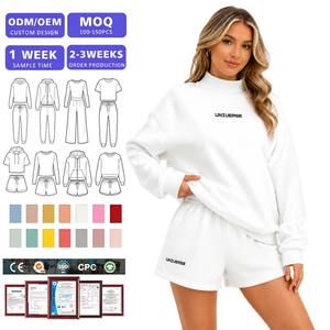 Ensemble de survêtement deux pièces personnalisé avec logo lettre pour femme, haut oversize à col montant et short à cordon de serrage avec poches, en molleton doux, tenue d'intérieur, usine BSCI - Product Image 1