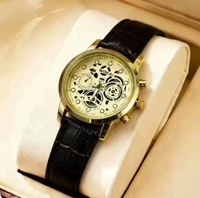 Reloj de Pulsera de Cuarzo para Hombre NYY con Esfera Hueca de Esqueleto, Caja Dorada, Correa de Cuero Marrón, Estilo Cronógrafo, Casual de Negocios