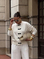 Nouveau cardigan court en maille style chinois avec boutons grenouille contrastants et col rond (personnalisable)