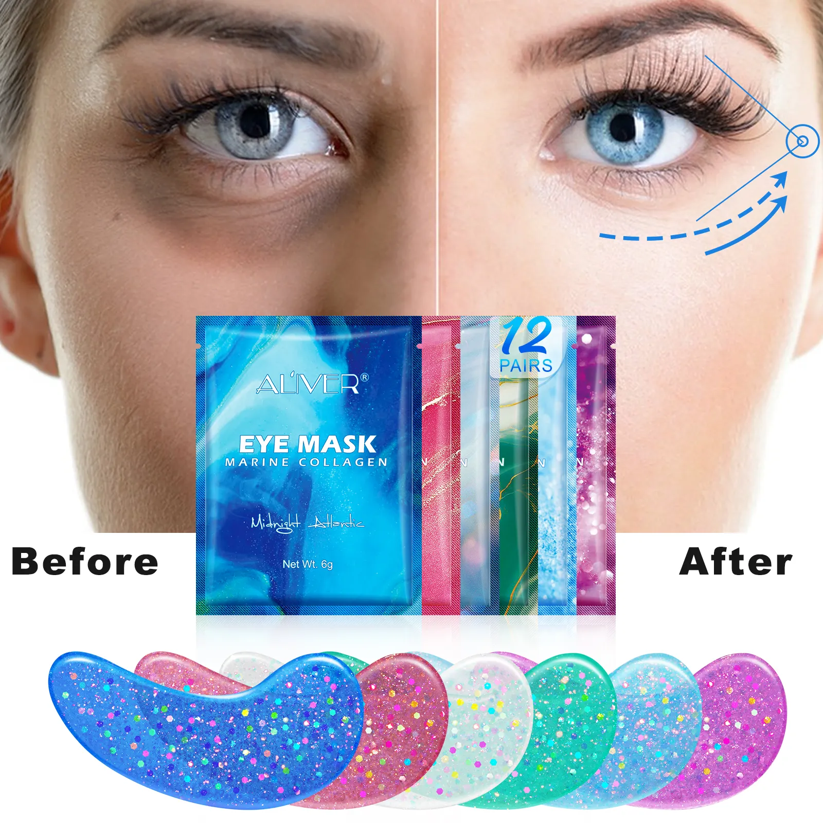 Máscara de olho de gel natural de pérola, gel natural antienvelhecimento para os olhos, gel hialurônico, anti rugas, marinho, para olheiras