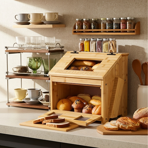 Hộp bánh mì tre Hai Lớp Có cửa sổ, Thùng Lưu Trữ bánh mì nhà bếp bằng gỗ có ngăn kéo, hộp bánh mì góc đa phong cách - Product Image 5