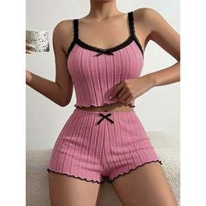 Lace Trim Camisole And Shorts <b>Knit</b> <b>Set</b> Black S Women's Sleepwear - Product Image 2