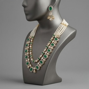 Ensemble de collier en argent 925 Kundan avec perles traditionnelles et émeraudes pour femmes, bijoux de mariée, collier de mariage en pierre verte - Product Image 4