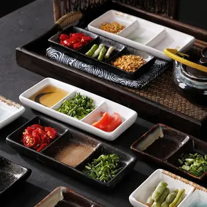 Style japonais 3 compartiments Rectangle Restaurant Porcelaine trois grille Céramique Sauce soja Plat Ensemble de Plats