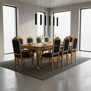 Ensemble de table à manger de luxe OE-FASHION de style baroque français, feuille d'or, bois massif, 8 places, chaises en velours bleu <span class=keywords><strong>royal</strong></span> pour villa, palais - Product Image 6