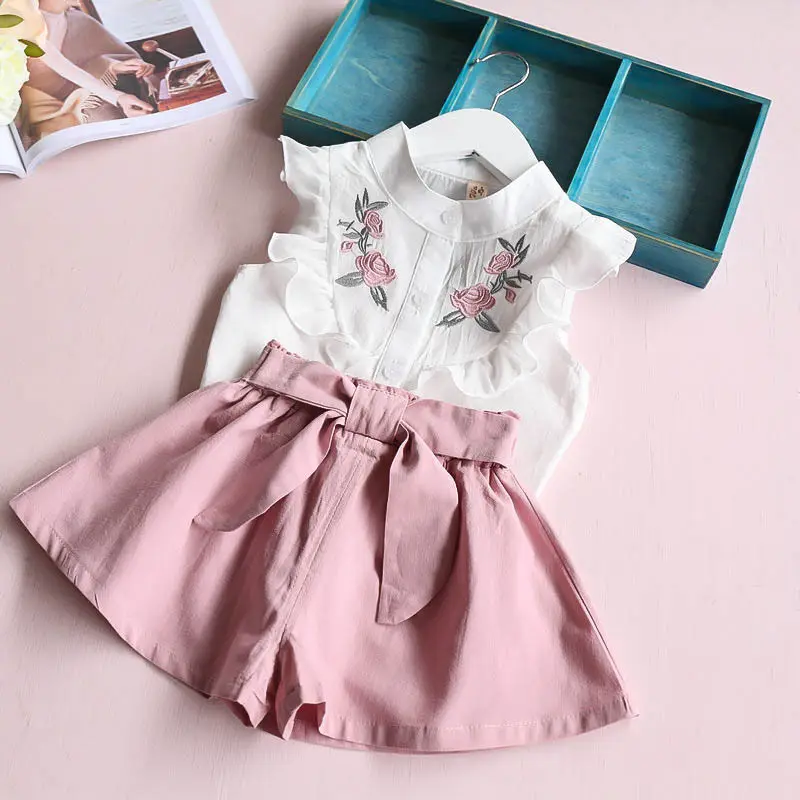 Abbigliamento per bambini 2019 vendita calda abbigliamento per neonata top ricamato + pantaloni con cintura vestiti per bambini set per ragazza