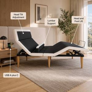 Base de <span class=keywords><strong>Cama</strong></span> Eléctrica Ajustable <span class=keywords><strong>con</strong></span> Inclinación de Cabeza, Soporte Lumbar, Masaje, USB, Plegable, Portátil, Convertible, Cero Espacio Libre, 750lbs, Tamaño Twin XL-King - Product Image 1