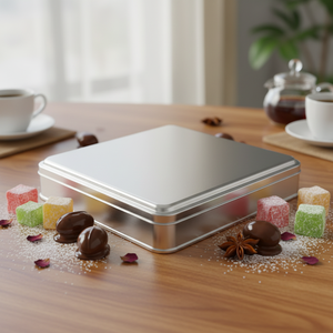Caja de lata cuadrada 1,5 LT Turkish Delight Chocolate Dragee Contenedor de metal 198x198x36mm 1,50 Lt Tapa deslizante - Product Image 3