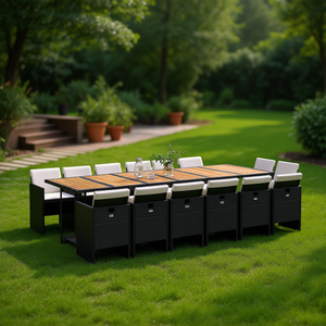 Set da Pranzo da Giardino in Rattan Nero con Tavolo in Teak per 10 Persone, Design Contemporaneo, Telaio in Acciaio Resistente alle Intemperie - Product Image 2