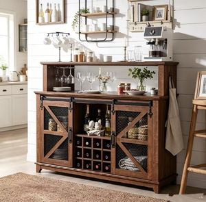 Meilleure Vente : Meuble <span class=keywords><strong>Bar</strong></span> à Café Style Ferme avec Éclairage LED, <span class=keywords><strong>Bar</strong></span> à <span class=keywords><strong>Vin</strong></span> de 55 pouces avec Porte Coulissante et Étagère à <span class=keywords><strong>Vin</strong></span> et Verres - Product Image 1