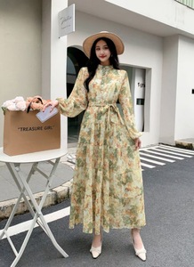 Robe mi-longue en mousseline de soie florale de style français pour femmes élégant ourlet large avec taille empire nouveau style décontracté pour la saison de printemps - Product Image 6