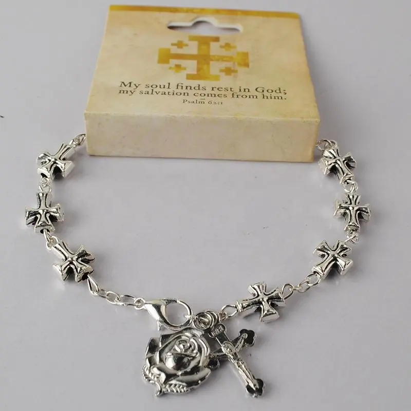Metall perlen Armband Katholisches Perlen armband Mit Rhodinierter Rosen medaille Kruzifix