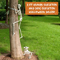 Décoration de maison hantée pour Halloween : Squelette articulé grandeur nature de 3 pieds avec piquets de fixation au sol, ensemble réaliste squelette humain et squelette de chien