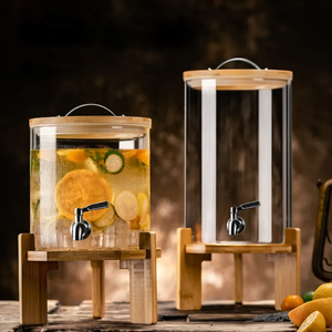 Distributeur de boissons en verre borosilicate 8/11L, <span class=keywords><strong>chaud</strong></span>/froid, pour jus de fruits et alcool, avec couvercle en bois et robinet, idéal pour les fêtes - Product Image 4